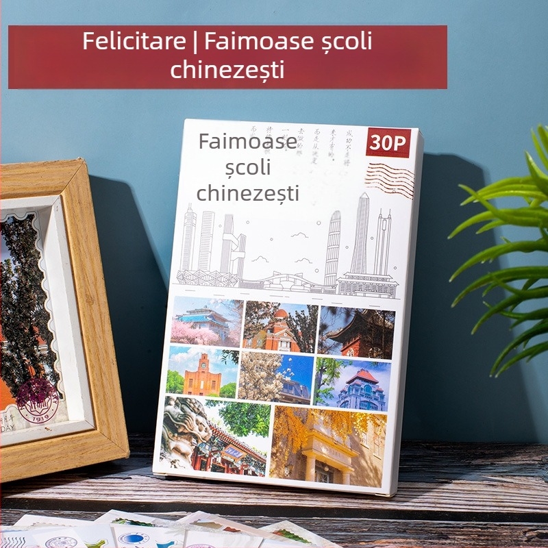 Set de 30 de cărți poștale într-o cutie, ilustrații desenate manual în stil animație, felicitări cu mesaje, design simplu și modern