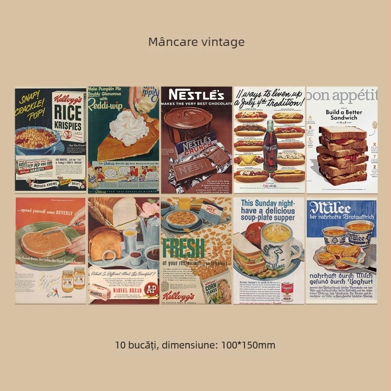10 postere retro cu mâncare pentru perete – autocolante de perete pentru dormitor și cămin, decor de perete, recuzită pentru ședințe foto, carduri poștale