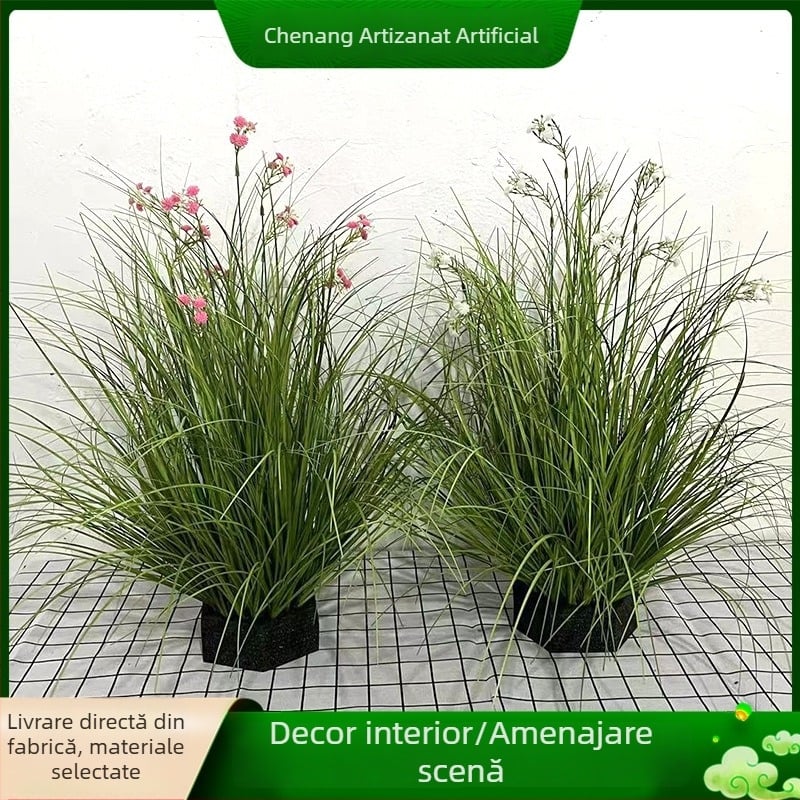 Plante verzi artificiale cu flori mici și iarbă de stuf în ghiveci – decor de podea pentru hoteluri, pensiuni și restaurante.