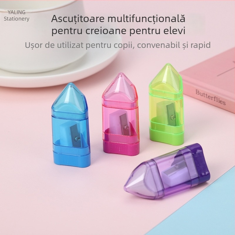 Ascuțitoare de creioane cu un singur orificiu, din plastic lucios, cu gumă de șters, imprimare logo disponibilă