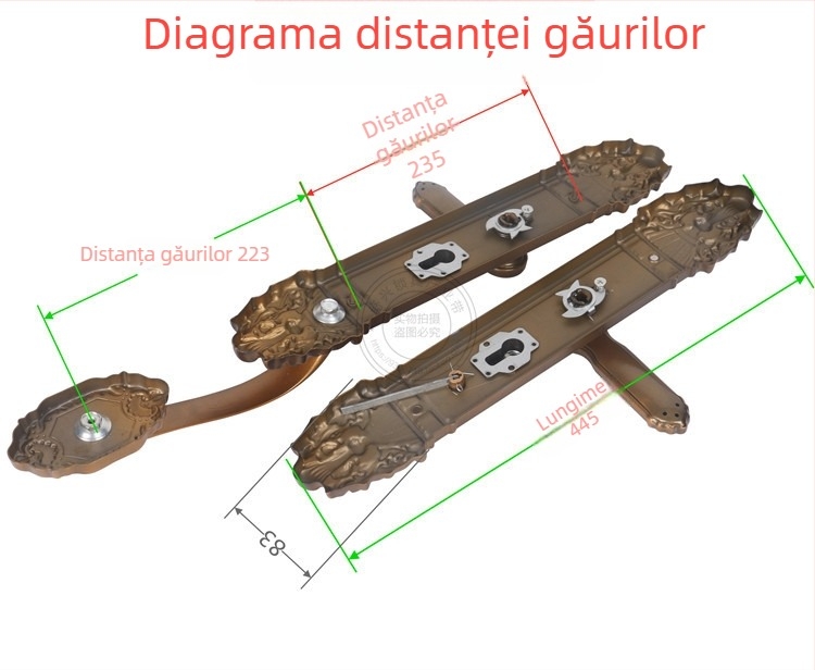 Mâner de ușă anti-efracție pentru uși cu deschidere dublă, mâner din fier montat pe panou pentru ușă de vilă, montaj pe panou, distanța între găuri 235 mm, accesorii pentru încuietori