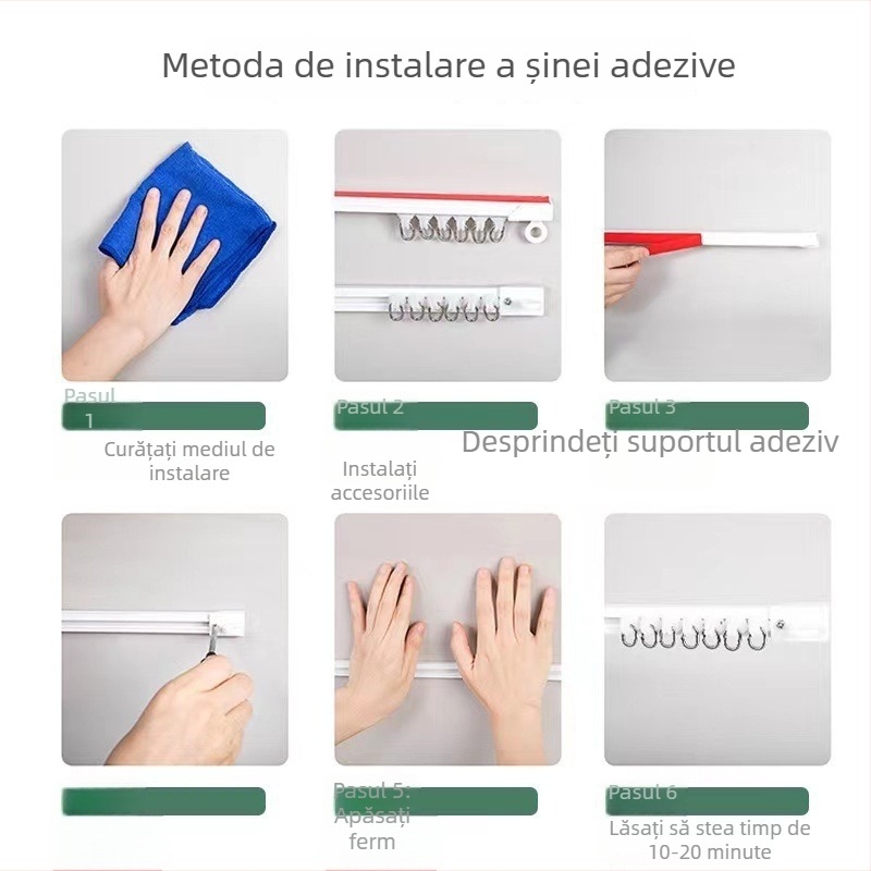 Șină pentru draperii, uz casnic, fără găuri — montaj superior și lateral, autoadezivă, cu grosimea 1,2 cm și lățimea 2 cm, alunecare silențioasă pentru uși și ferestre