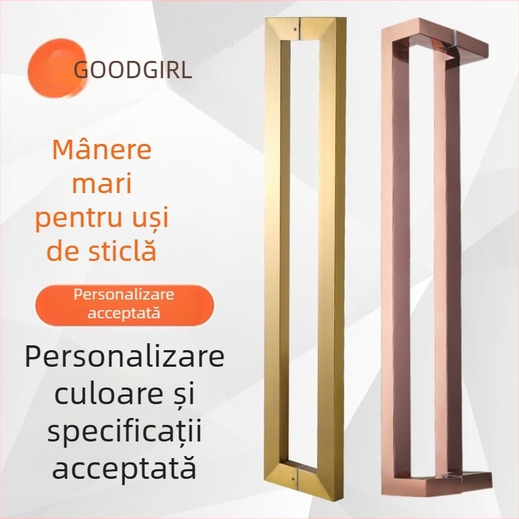 Mâner pentru ușă de sticlă, design dublu-curbat, finisaj roz-auriu și titan negru, oțel inoxidabil, țeavă pătrată, stil chinezesc, montaj dual pentru ușa glisantă
