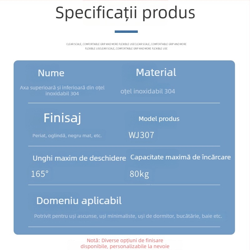 Balama de ușă din oțel inoxidabil 304, capacitate de încărcare 60–80 kg, potrivită pentru uși din lemn și cadre din oțel, deschidere de 90°.