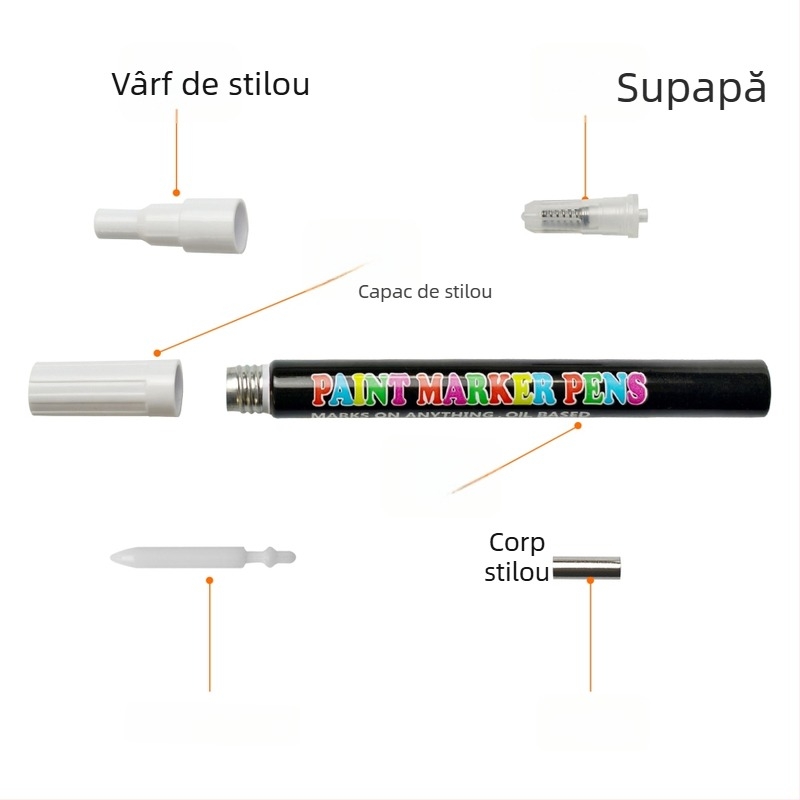 Set complet de accesorii pentru marker: stilou acrilic, tambur de marker, tuburi goale, componente pentru cerneală lichidă de cretă și cerneală de alcool