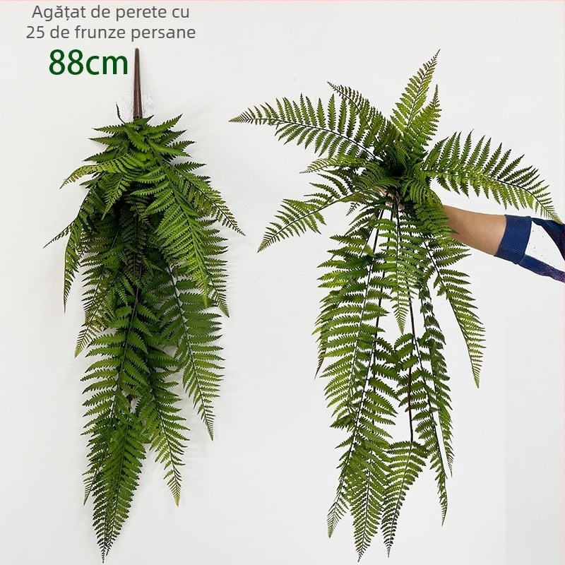 Plantă artificială pentru perete: ferigă persiană mare, detalii din ratan – decor suspendat cu plante