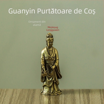 Statuie Guanyin din alamă solidă – ornament decorativ pentru mașină, birou și casă, bogăție și protecție
