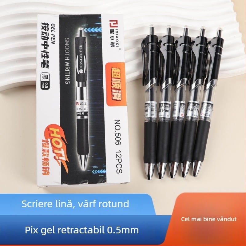 Pix gel retractabil 0,5 mm, negru, vârf bullet, pachet de 12