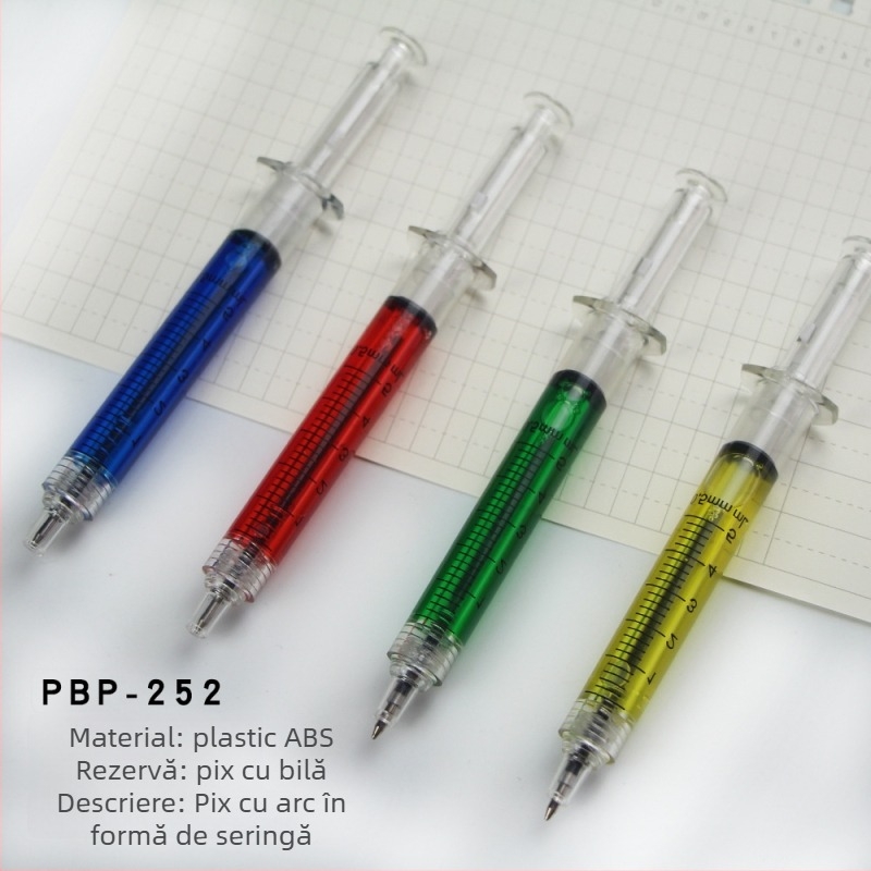 Pix din plastic multicolor, în formă de seringă, cu mecanism de apăsare; pix ballpoint pentru studenți cu logo imprimat, tip de apăsare rotund
