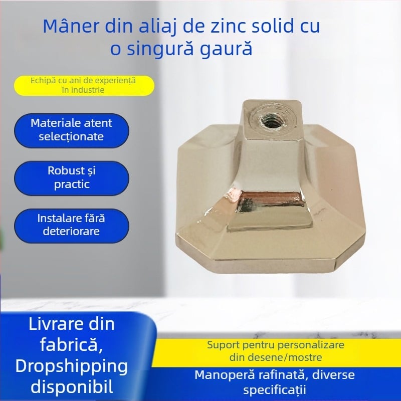Mâner din aliaj de zinc cu o singură gaură, design modern minimalist, montaj pe suprafață pentru uși glisante, sertare, dulapuri.