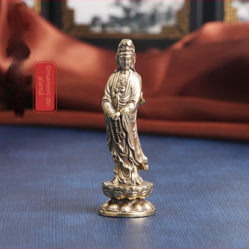 Statue antică din alamă cu lotus Guanyin – decor de birou, Bodhisattva Guanyin, mic ornament din metal