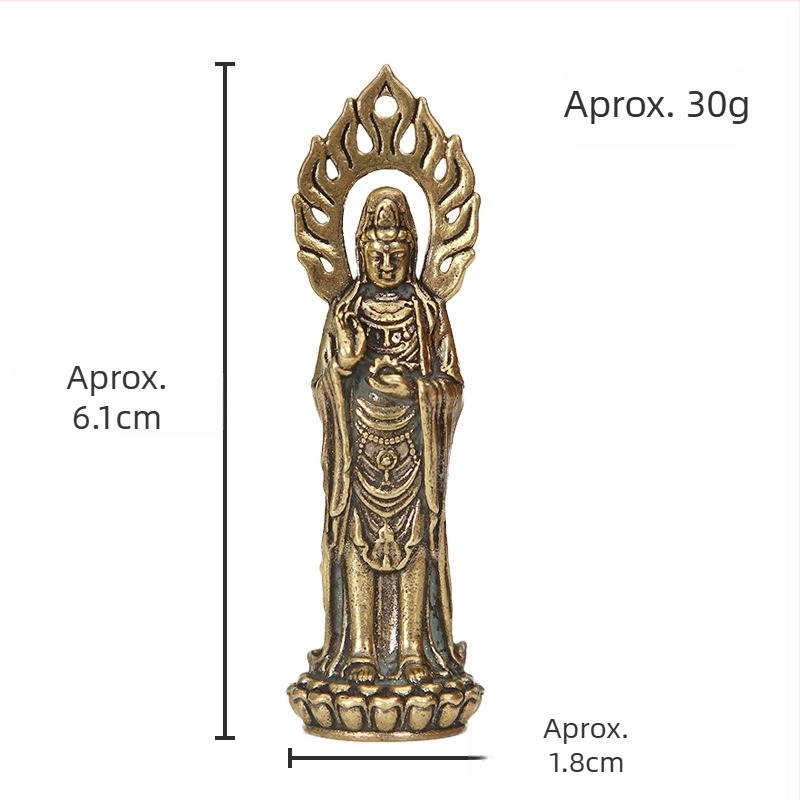 Statuetă Guanyin din alamă, Bodhisattva în picioare cu Roata Dharma, decor pentru birou, artizanat vintage