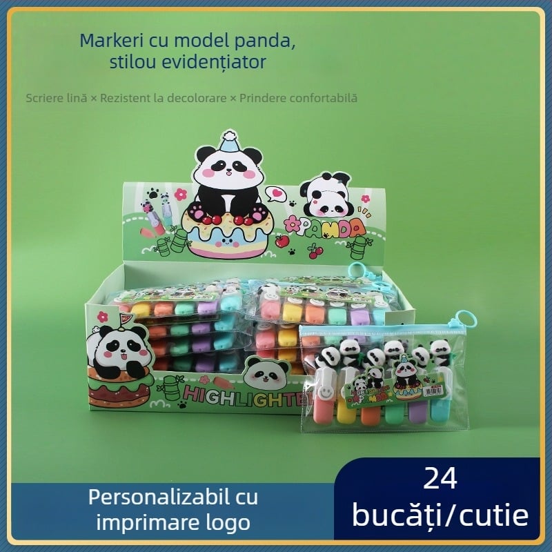 Set 6 markere de evidențiere cu design Panda, portabil, mini pentru notițe ale elevilor