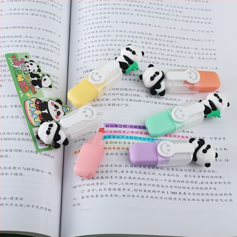 Set 6 markere de evidențiere cu design Panda, portabil, mini pentru notițe ale elevilor