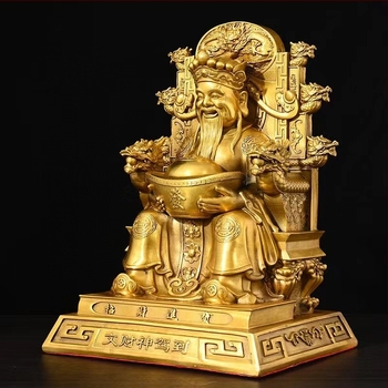 Statuie din cupru a lui Zeul Bogăției, așezată pe tronul dragonului, statuetă Buddha a bogăției pentru magazin sau birou, potrivită pentru sfințiri acasă sau inaugurare.