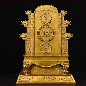 Statuie din cupru a lui Zeul Bogăției, așezată pe tronul dragonului, statuetă Buddha a bogăției pentru magazin sau birou, potrivită pentru sfințiri acasă sau inaugurare.