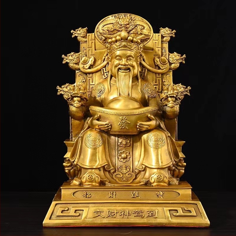 Statuie din cupru a lui Zeul Bogăției, așezată pe tronul dragonului, statuetă Buddha a bogăției pentru magazin sau birou, potrivită pentru sfințiri acasă sau inaugurare.