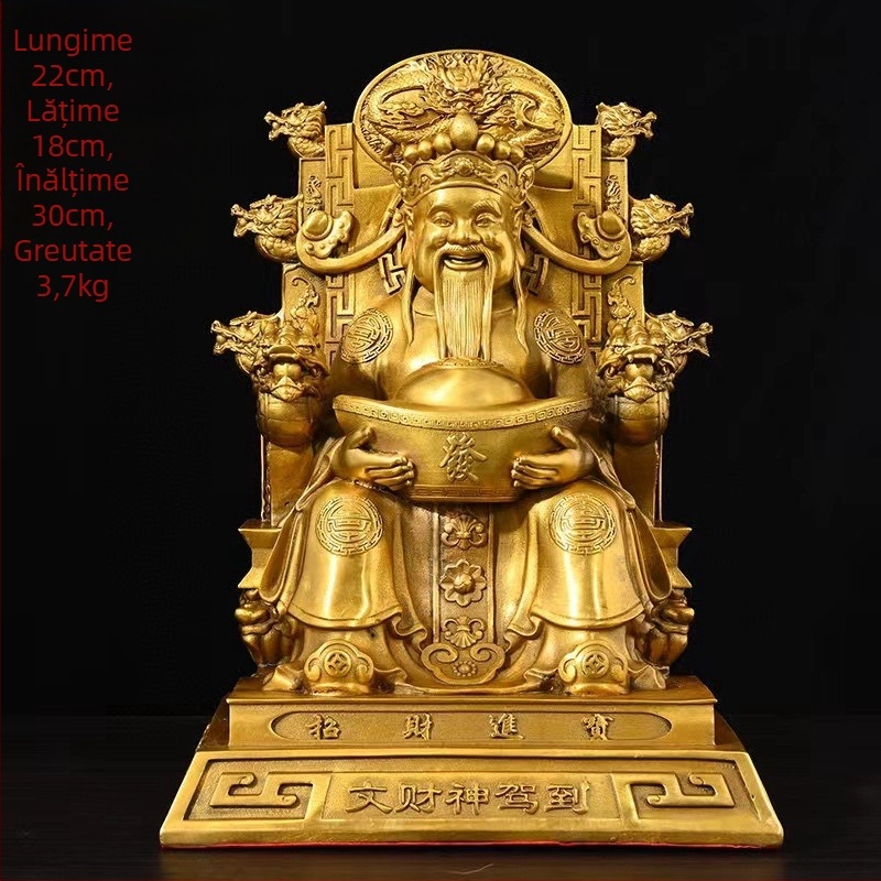 Statuie din cupru a lui Zeul Bogăției, așezată pe tronul dragonului, statuetă Buddha a bogăției pentru magazin sau birou, potrivită pentru sfințiri acasă sau inaugurare.
