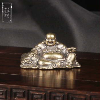Budha Maitreya din alamă solidă, ornament de birou, statuetă a Buddhei zâmbitoare, Buddha de buzunar, obiect de colecție în stil antic