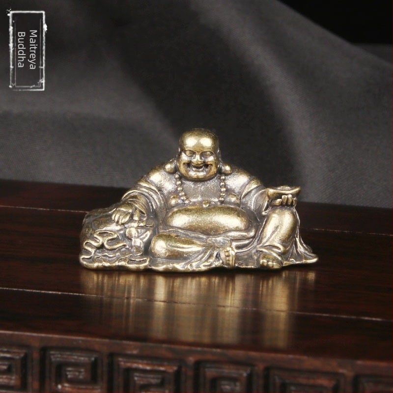 Budha Maitreya din alamă solidă, ornament de birou, statuetă a Buddhei zâmbitoare, Buddha de buzunar, obiect de colecție în stil antic