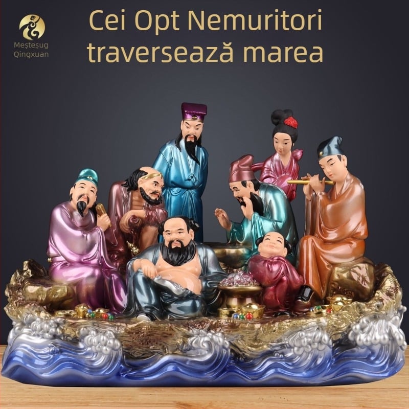 Statuie din rășină a celor Opt Nemuritori care traversează marea cu o navă-dragon – Lu Dongbin și Li Tieguai, figură taoistă pentru decorul casei
