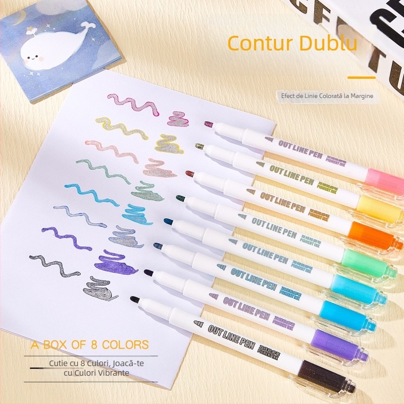 Set de markeri de contur cu 8 culori, pentru elevi, Baitong, model 9517
