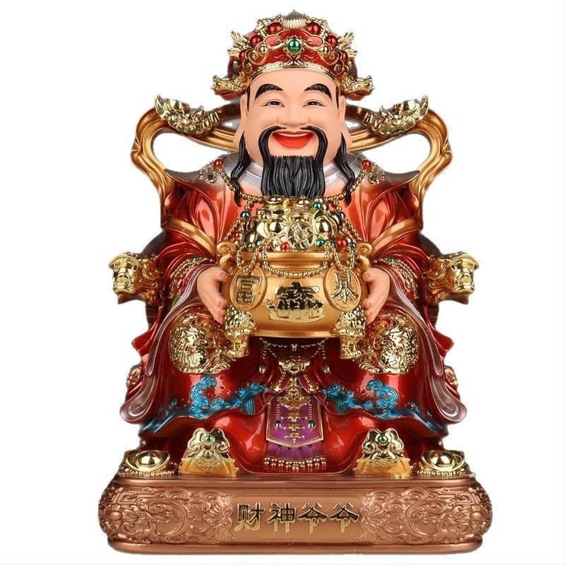 Statuie Buddha din rășină – Zeul Bogăției, cu mantie roșie, finisaj aurit, motiv lingou de aur, pentru închinare