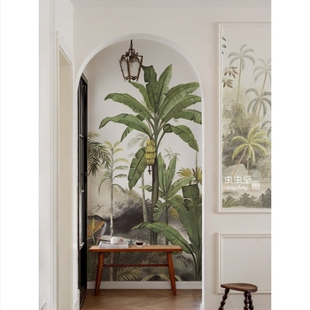 Mural textil pentru perete cu pădure tropicală, fundal TV în dormitor, verde retro, stil european-francuz cu influențe sud-est asiatice