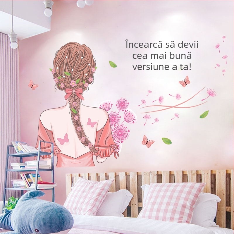 XY7008 Autocolant de perete autoadeziv pentru dormitorul fetelor, decor de cameră, stil desen animat, culoare solidă, PVC impermeabil
