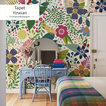 Tapet de mătase cu flori pictate manual, desen floral colorat, fără îmbinări, pentru dormitor și sufragerie