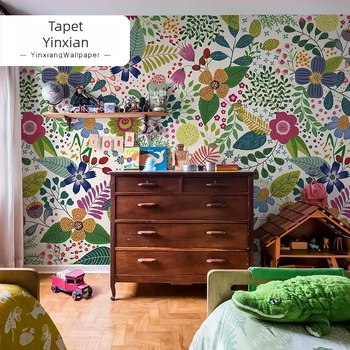 Tapet de mătase cu flori pictate manual, desen floral colorat, fără îmbinări, pentru dormitor și sufragerie