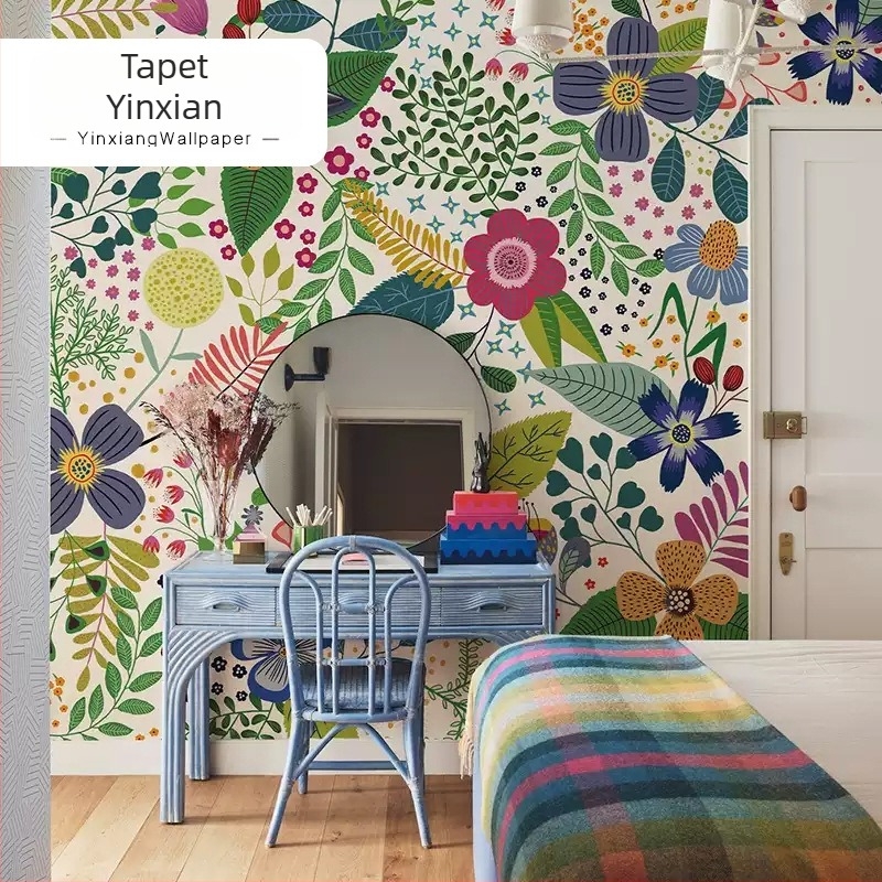 Tapet de mătase cu flori pictate manual, desen floral colorat, fără îmbinări, pentru dormitor și sufragerie