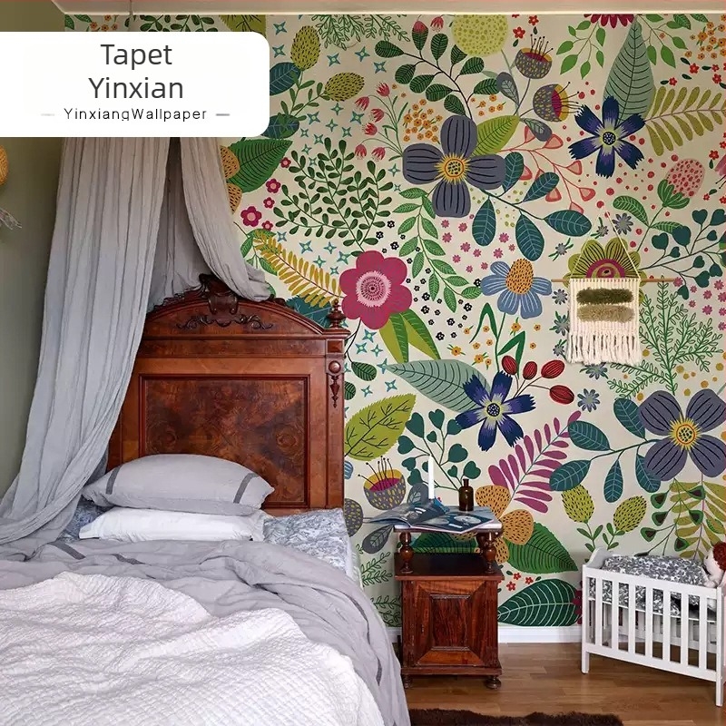 Tapet de mătase cu flori pictate manual, desen floral colorat, fără îmbinări, pentru dormitor și sufragerie