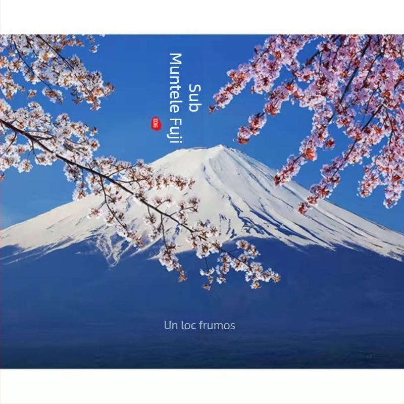 Tapet japonez în stil romantic cu flori de cireș și peisaj cu Muntele Fuji pentru decorarea restaurantelor cu sushi