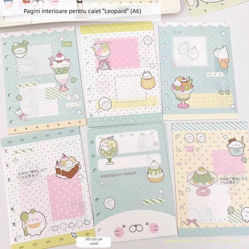 Leopard la soare: pagini interioare A6, ilustrații de tip desen animat, groase și detașabile, 6 găuri, 60 foi de refill