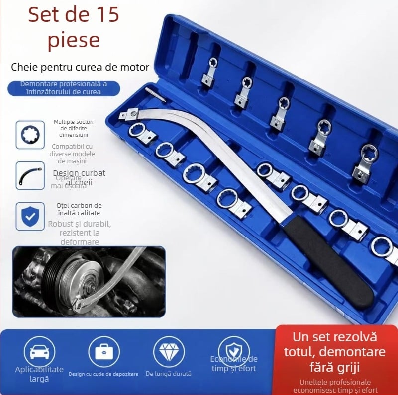 Set de 15 piese de chei reglabile pentru cureaua motorului auto, pentru demontarea și montarea ventilatoarelor, cheie cu 12 unghiuri hexagonale