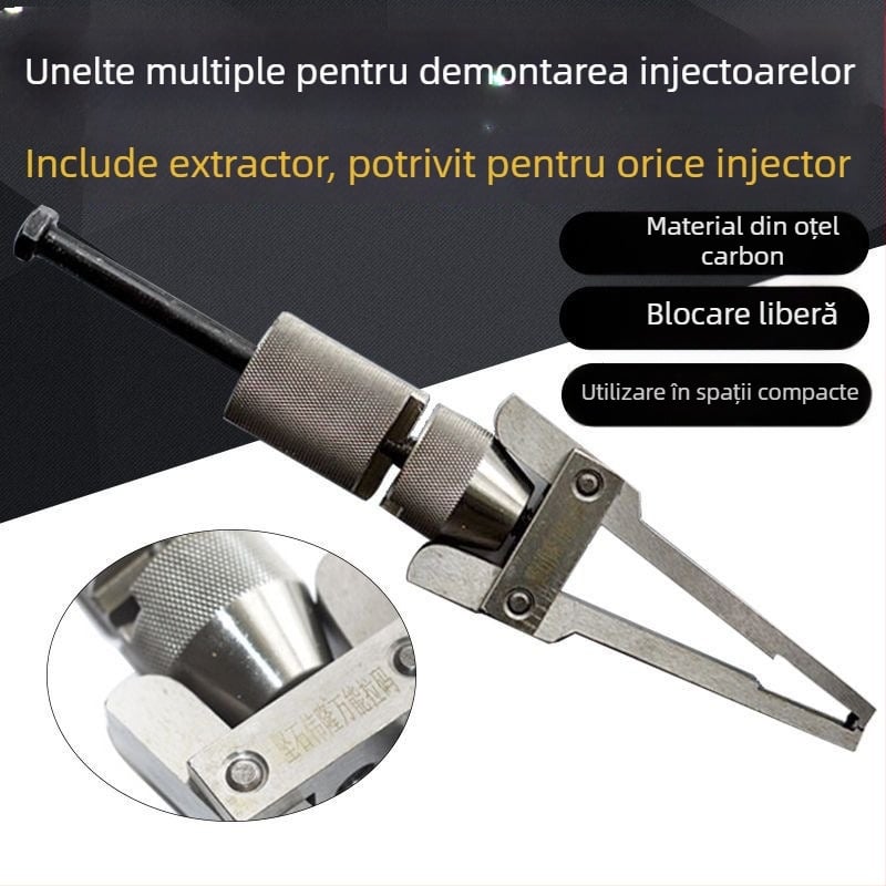 Unealtă multifuncțională pentru demontarea injectorului de combustibil, cu extractor glisant pentru duze și clemă de fixare
