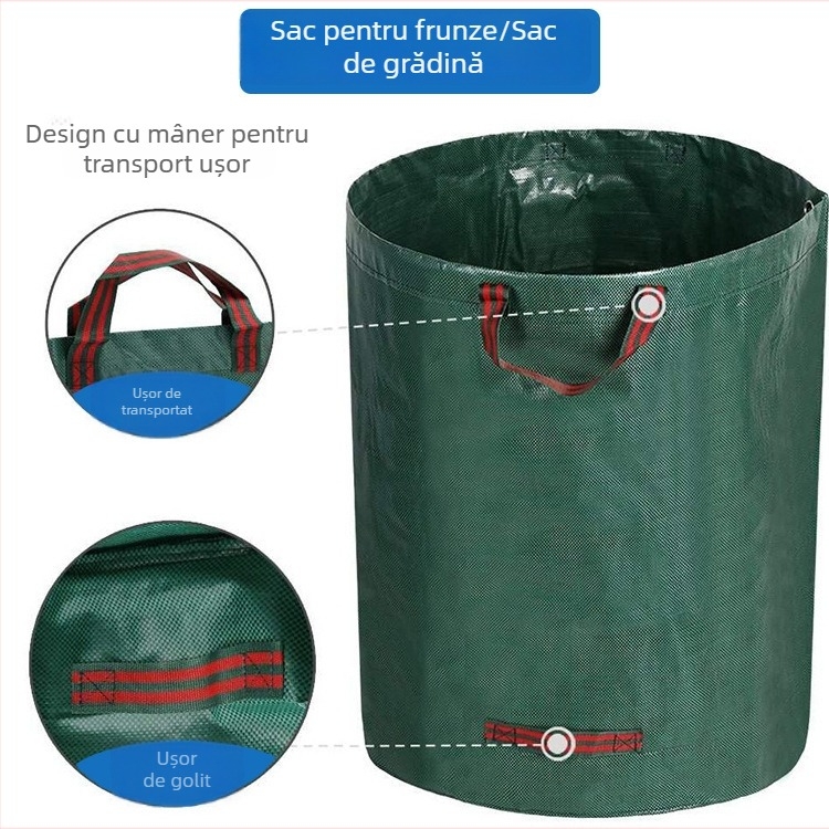Set din trei piese: saci de frunze pentru grădină — capacitate mare, culoare negru-verde, sacoșă de depozitare țesută