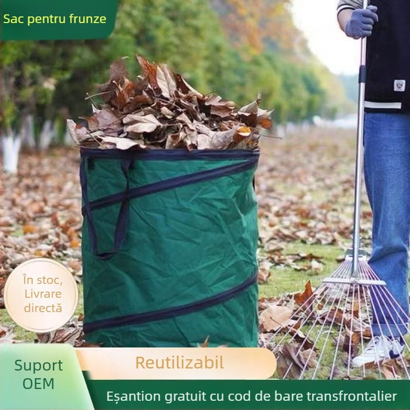 Set din trei piese: saci de frunze pentru grădină — capacitate mare, culoare negru-verde, sacoșă de depozitare țesută