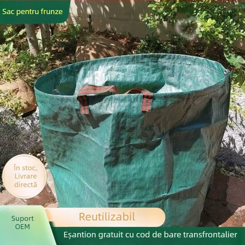 Set din trei piese: saci de frunze pentru grădină — capacitate mare, culoare negru-verde, sacoșă de depozitare țesută