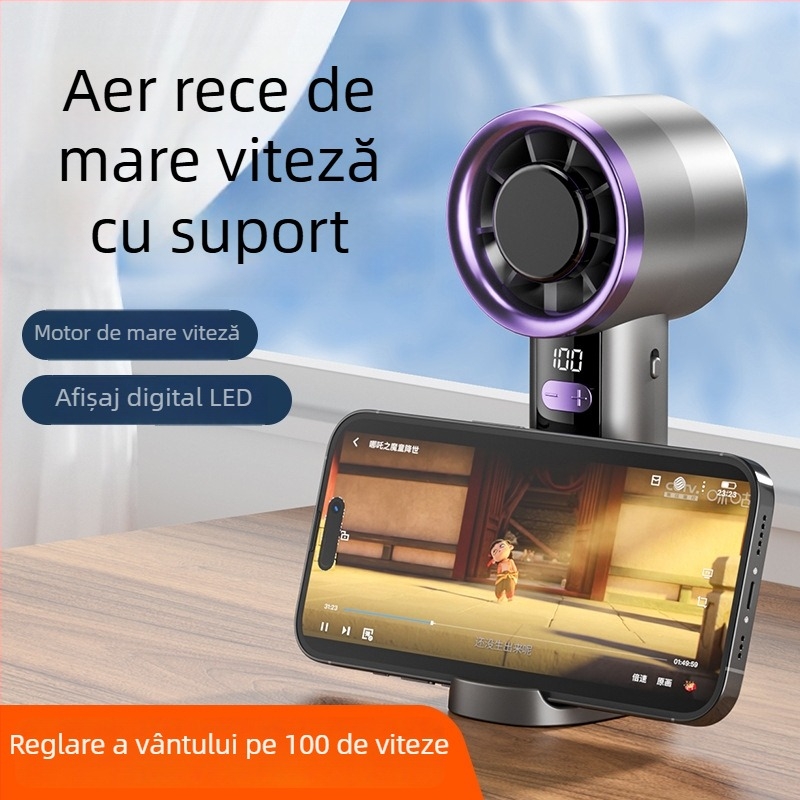 Ventilator nou de mână, cu suport pentru telefon, afișaj digital, încărcare USB, ventilator de birou pentru camping în aer liber