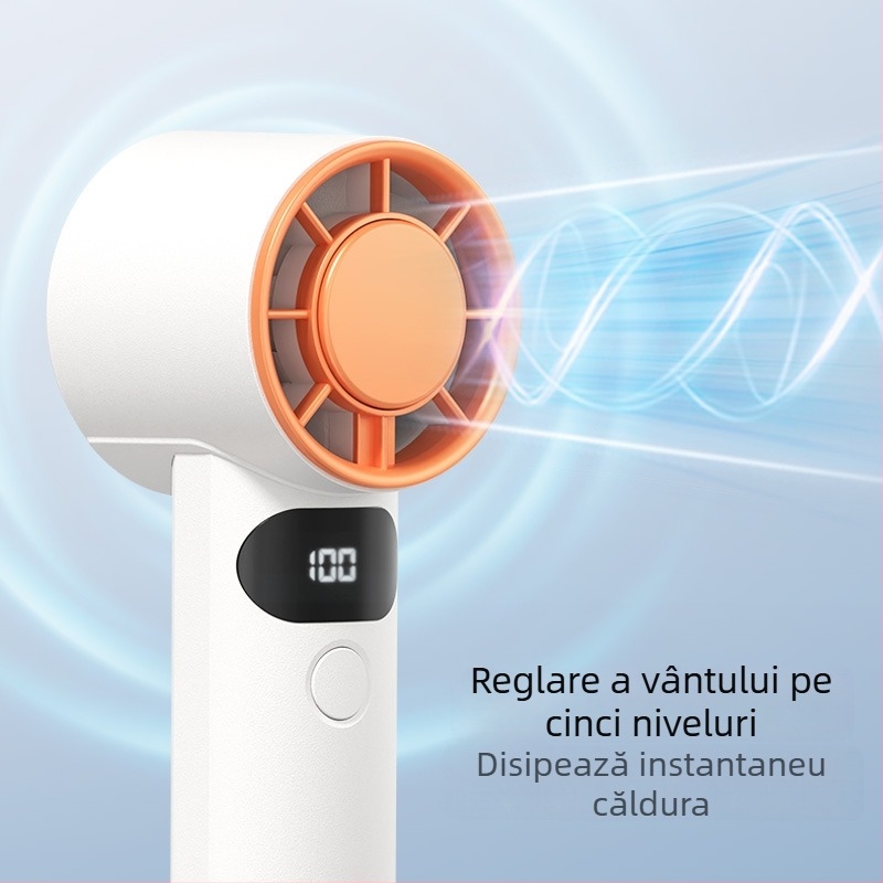 Ventilator USB reîncărcabil pentru birou și mână, 5 trepte de viteză, afișaj digital, motor brushless, baterie încorporată