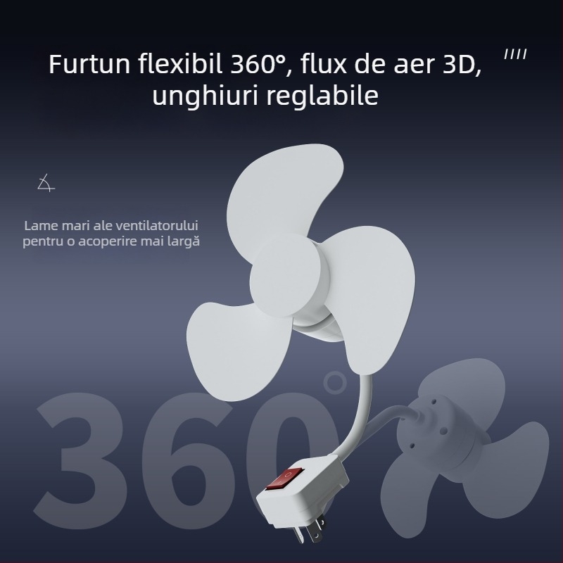 Ventilator compact cu priză integrată de trei prize, silențios, pentru baie și bucătărie