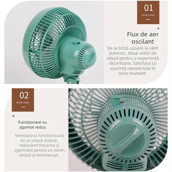 Ventilator de birou compact cu cap reglabil, cu trei palete, ideal pentru camerele studenților și birouri