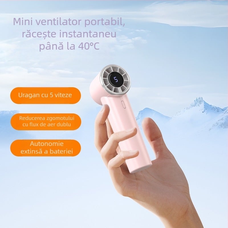Ventilator de mână mini, turbina de înaltă viteză, 5 palete, baterie încorporată, ventilator USB pentru exterior