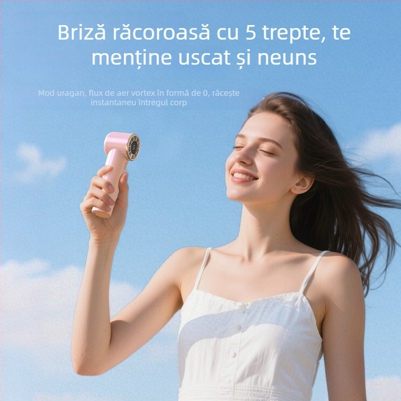 Ventilator de mână mini, turbina de înaltă viteză, 5 palete, baterie încorporată, ventilator USB pentru exterior