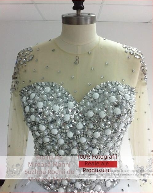 Rochie de mireasă din dantelă cu mâneci lungi, lungime midi
