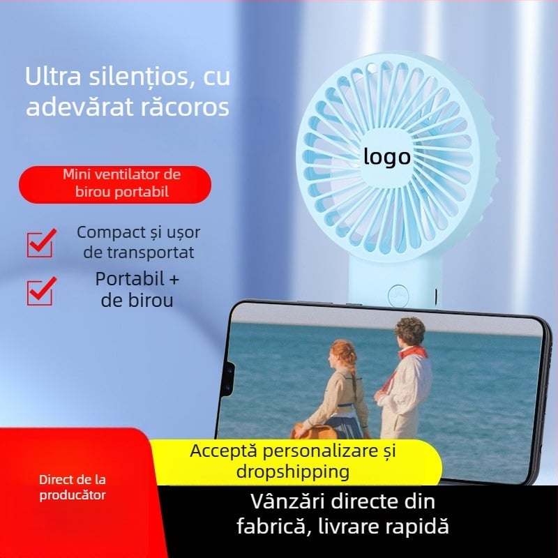 Ventilator USB mini pentru mână și birou, portabil, reîncărcabil, baterie încorporată, logo personalizat