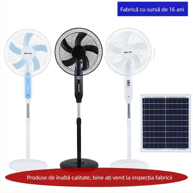 Ventilator solar pentru exterior, camping — silențios, reîncărcabil, cu telecomandă, 16 inch, pentru podea și masă