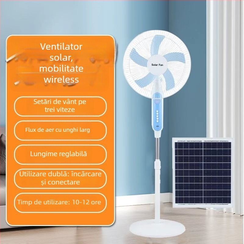 Ventilator solar pentru exterior, camping — silențios, reîncărcabil, cu telecomandă, 16 inch, pentru podea și masă